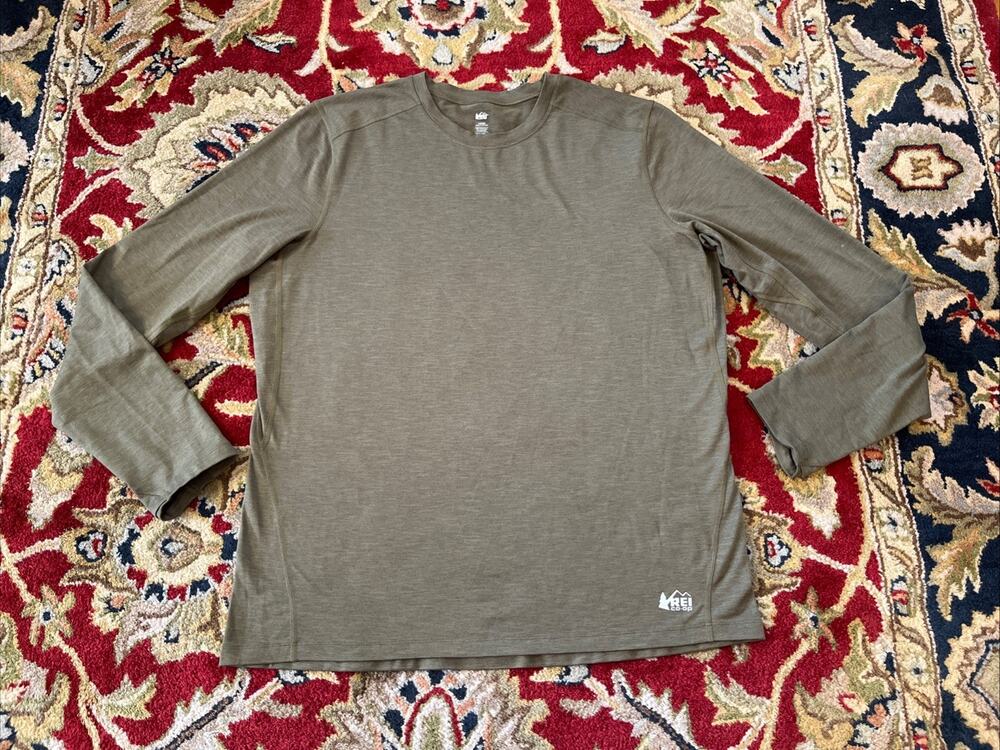 REI Co-op L Long Sleeve Baselayer Shirt Mens Olive Green Crew Neck Basic